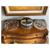 Glass egg plates, cake plate with stainless steel lid.
