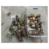 Tote of fall and winter floral picks, deco flex tubing and wired ribbon