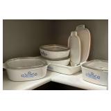 5 Corning Ware blue corn flower casserole dishes, 4 glass lids