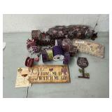 Wooden wine signs, floral picks, wired decorative ribbon