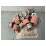 Metal Merry Christmas sign with matching wired decorative ribbon