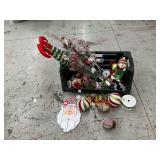Tote of Christmas ornaments, snowmen, picks, ribbon, etc.