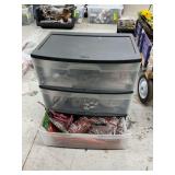 3-drawer storage container with assortment of Mardi Gras and Halloween decorations