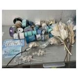 Large assortment of teal and white wired ribbon, ornaments and floral picks