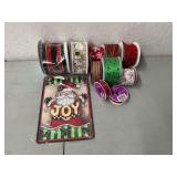 Metal Santa sign, Christmas wired decorative ribbon