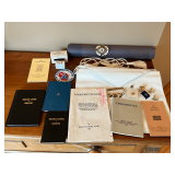 Masonic items, apron, pins, cuff links, books and booklets, etc.