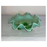 Green opalescent ruffle edge footed bowl