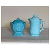 Blue milk glass sugar and creamer
