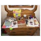 CC Bigger sewing machine magnifier, buttons, pin cushion, Singer sewing book, etc.
