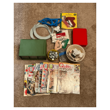 Quilting supplies, scissors, pins, basting gun, buttons, magazines, etc.