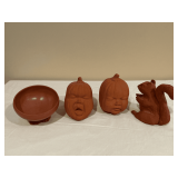 Red clay bowl, pumpkins, squirrel