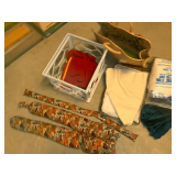 Fabric draft stops, vintage linen tree skirt, aprons