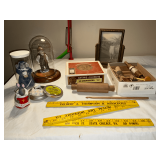 Whimsical mice figures, boy doll under 8' glass dome