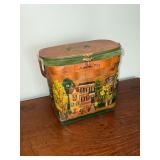 Hand painted woven handled basket, 10' W x 6' D 9 1/2' T.