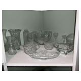 Pressed glass, vases, bowls, sugar bowl, creamer, etc.