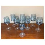 8 clear to blue iridescent stemmed glasses