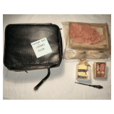 Vintage doll clothes in case, shoe hook