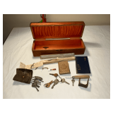 Vintage wooden box, quill ink pen,