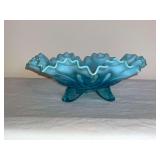 Blue opalescent ruffle edge footed bowl