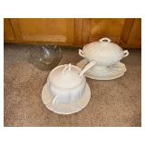 Ironstone and USA soup tureens and glass bowl