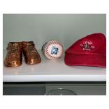 Brass baby shoes, Cardinal Little Slugger cap toddler size