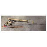 Various fishing poles with 5 reels