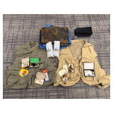 2 fishing vets, rain gear, seat cushion