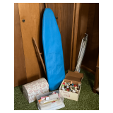 Antique wooden frame ironing board, sewing supplies