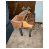 Primitive end table, decorative wood items.