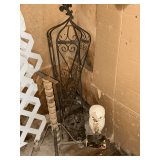 Concrete owl with damage, cast lantern, trellis, plant stand