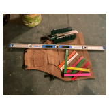 Canvas apron, miter box and saw, 4' Empire level, rulers.