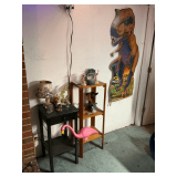 Owl, dolphin and flamingo figurines, clock, lamp, snow globe