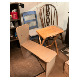 Bench, wooden TV tray, 2 wooden chairs