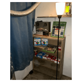 Shelf 34' W x 10' D x 45' T and contents including torch lamp, Fostex reel to reel tape player