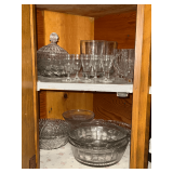 Pressed glass, sugar bowl, divided dishes, cordials, etc.
