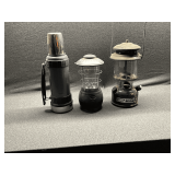 Coleman white gas lantern, crank lantern working condition, Thermos jug.