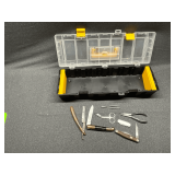 Storage box 18' L x 6' W x 4' D, with contents, straight razor, clippers, scissors, etc.