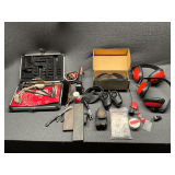 Ear muffs, walkie talkies, goggles, whistle, bow release