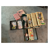 Fishing boxes and lures, bobbers, worms, rod tips, etc.