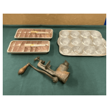 Pair of vintage aluminum Quickube ice trays, Universal grinder