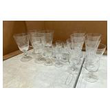 Drinkware etched glass, 16 pieces, up to 6" T.
