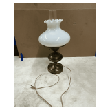 Lamp hammered brass with milk glass shade, electric