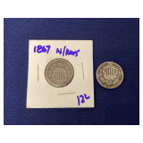 1867 and 1868 shield nickels, no rays
