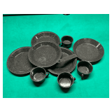 Granite ware 9 1/2" W skillet,4  plates and 4 cups