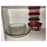 Anchor glass storage containers with lids, pie plate and Pyrex bowl