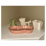 Pink Bauer pottery dish, Upco pottery planter and others