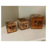 Woodpecker Woodware wooden rooster canisters, needs some repair