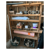 Shelf 47" W x 12" D x 72" T and contents, wall sconces, plumbing parts, roofing nails, bins