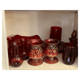 Ruby red glass vases, candy dish, candle holders, plate, etc.
