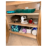 Cooler jug, plastic picnic plates, Farberware electric skillet, cool bags